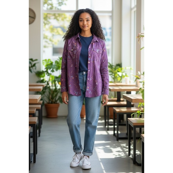 Eddie Bauer Tops - Eddie Bauer Women's Long Sleeve Button Up Shirt Floral Purple Large